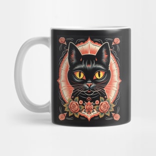 Vintage Retro Black Cat Roses Mug